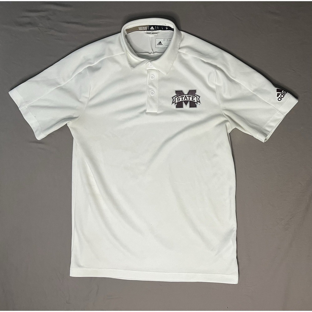 Adidas Mississippi State Bulldogs Polo Shirt Men's Size Small White Short Sleeve